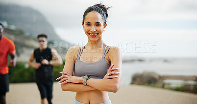 Buy stock photo Portrait, woman and fitness with arms crossed outdoor for exercise, training and marathon practice. Confident, female person and morning routine with sports workout, physical performance and wellness