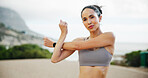 Woman, portrait or runner stretching on road for running exercise, body health or fitness training. Active, muscle warm up or female athlete on street for wellness, mobility workout or outdoor sports