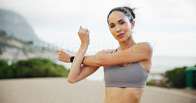 Buy stock photo Woman, portrait or runner stretching on road for running exercise, body health or fitness training. Active, muscle warm up or female athlete on street for wellness, mobility workout or outdoor sports