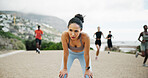 Fatigue, sweating and woman in street, fitness and breathing with training, exercise and wellness. People, runner and athlete with workout, outdoor and exhausted with health, resting and tired