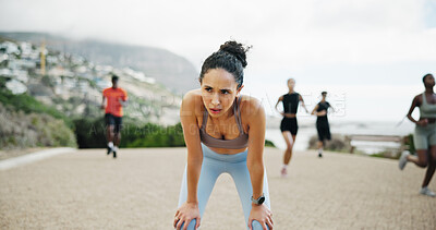 Buy stock photo Fatigue, sweating and woman in street, fitness and breathing with training, exercise and wellness. People, runner and athlete with workout, outdoor and exhausted with health, resting and tired