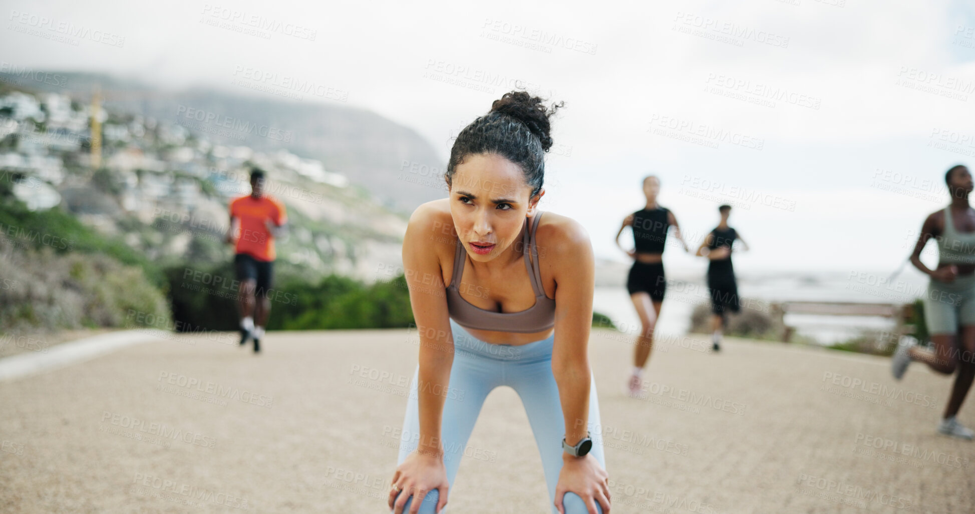 Buy stock photo Fatigue, sweating and woman in street, fitness and breathing with training, exercise and wellness. People, runner and athlete with workout, outdoor and exhausted with health, resting and tired