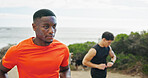 Athlete, man and running for fitness outdoor for exercise, cardio training and marathon practice. Active, male person and sports workout for morning routine, physical performance and wellness goals
