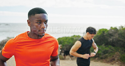 Buy stock photo Athlete, man and running for fitness outdoor for exercise, cardio training and marathon practice. Thinking, male person and sports workout for morning routine, physical performance and wellness goals
