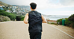 Back, running and man in street, fitness and training with cardio, workout and challenge. View, person and runner with exercise, outdoor and energy with wellness, practice and healthy with sports