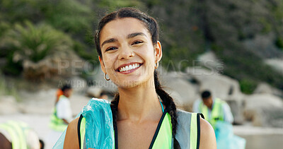 Buy stock photo Portrait, recycling and woman volunteer on beach for community service or conservation. Charity, cleaning and earth day with smile of person on coast for activism, responsibility or sustainability