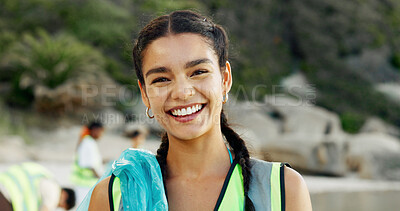 Buy stock photo Charity, portrait and recycling with woman on beach for community service or conservation. Cleaning, earth day and smile of volunteer outdoor on coast for activism, responsibility or sustainability
