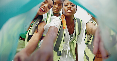 Buy stock photo Plastic bag, portrait and recycling with volunteer people outdoor for activism or cleaning. Charity, community service and environment with group of happy friends collecting litter for earth day
