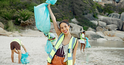 Buy stock photo Happy woman, portrait and volunteer with recycling on beach for eco friendly environment or cleaning. Female person, social worker or community service with bag for garbage or dirt on ocean coast
