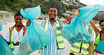 Happy people, volunteer and beach with recycling for community service, climate change or global warming. Group, social worker or excited team with smile for eco friendly environment by ocean coast