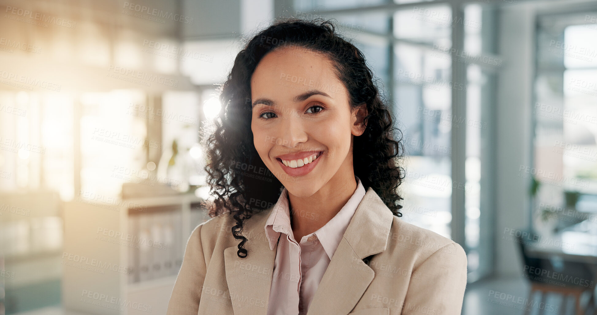 Buy stock photo Office, businesswoman and accountant with smile in portrait, financial career and confidence by flare. Accounting firm, female person and auditor with happiness for finance project, about us and work