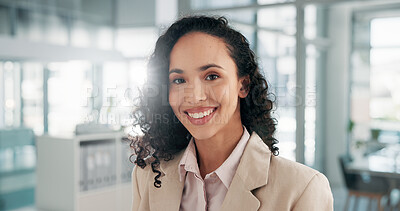 Buy stock photo Office, businesswoman and accountant with happiness in portrait, financial career and confidence. Accounting firm, female person and auditor with smile for finance project, about us and ambitious