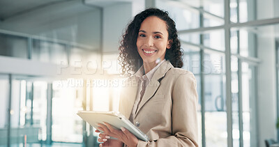 Buy stock photo Portrait, business and woman in office, tablet and smile with financial consultant with digital app. Face, happy person and employee in workplace, technology and internet with accounting and schedule
