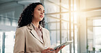 Thinking, business and woman in office, tablet and internet with financial consultant with digital app. Decision, person and employee in workplace, tech and choice with accounting, ideas and schedule