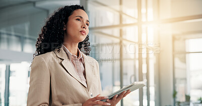 Buy stock photo Thinking, business and woman in office, tablet and internet with financial consultant with digital app. Decision, person and employee in workplace, tech and choice with accounting, ideas and schedule