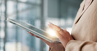 Buy stock photo Hands, business and woman in workplace, tablet and digital app for email, connection and website info. Closeup, person and employee in office, tech and economy analyst with internet and communication