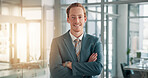 Portrait, business and man with arms crossed in office for about us, corporate career and finance ambition. Accountant, confidence and accounting company, investment consultant and asset management