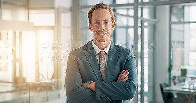 Buy stock photo Portrait, business and man with arms crossed in office for about us, corporate career and finance ambition. Accountant, confidence and accounting company, investment consultant and asset management
