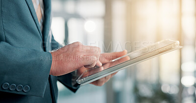 Buy stock photo Hands, business and man in office, tablet and digital app for email, connection and internet. Closeup, person and employee in workplace, technology and economy analyst with network or revenue report