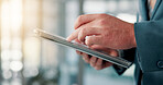 Hands, business and man in workplace, tablet and digital app for email, internet and website info. Closeup, person and employee in office, tech or economy analyst with online report and profit growth