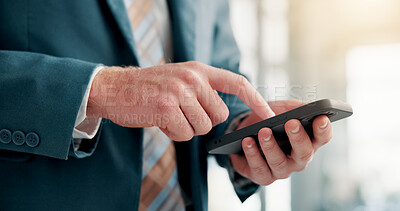 Buy stock photo Hands, business and man in office, smartphone and digital app for email, social media and website info. Closeup, person and employee in workplace, cellphone and economy analyst with connection