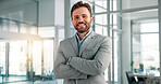 Portrait, corporate and man with arms crossed in office for about us, accountant career and financial ambition. Male person, confidence and company for investment, finance growth and asset management