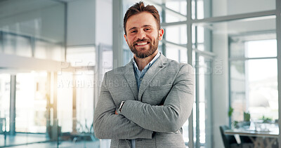 Buy stock photo Portrait, corporate and man with arms crossed in office for about us, accountant career and financial ambition. Male person, confidence and company for investment, finance growth and asset management
