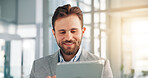 Internet, business and man in workplace, tablet and smile with digital app for stock market. Happy, person and employee in office, technology and accounting with online schedule, email and connection