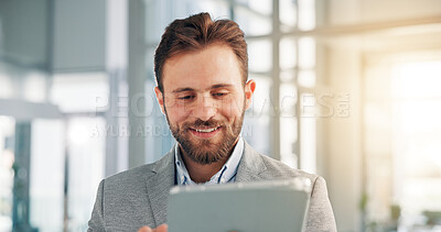 Buy stock photo Internet, business and man in workplace, tablet and smile with digital app for stock market. Happy, person and employee in office, technology and accounting with online schedule, email and connection
