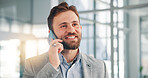 Phone call, office and happy business man for online discussion, conversation and communication. Finance consultant, corporate and worker on smartphone for contact, schedule meeting and talking