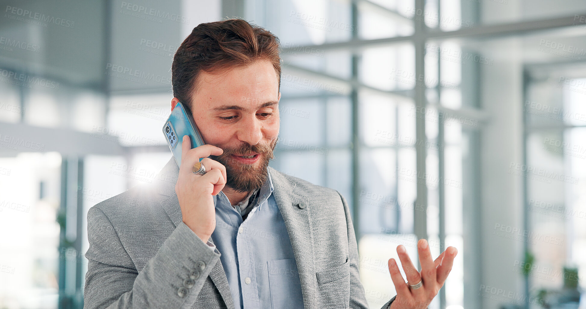 Buy stock photo Phone call, talking and business man in office for online discussion, conversation and communication. Finance consultant, corporate and worker on smartphone for contact, B2B networking and chatting
