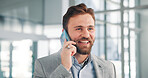 Phone call, talking and happy businessman in office for online discussion, conversation and communication. Finance consultant, corporate and worker on smartphone for contact, networking and chatting