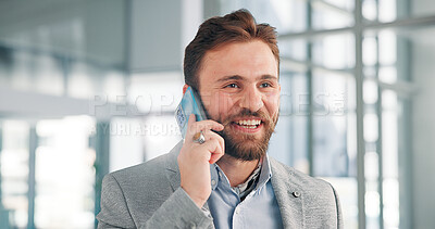Buy stock photo Phone call, talking and happy businessman in office for online discussion, conversation and communication. Finance consultant, corporate and worker on smartphone for contact, networking and chatting