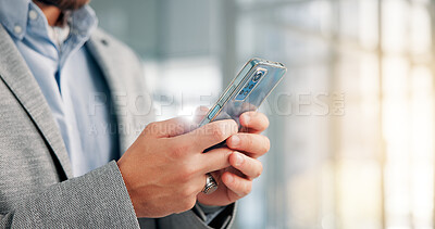 Buy stock photo Hands, business and man in office, cellphone and digital app for email, connection and social media. Closeup, person and employee in workplace, smartphone or economy analyst with website info or text