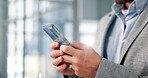 Hands, business and man with cellphone, connection and digital app for email, internet and website info. Closeup, person or employee in workplace, tech or economy analyst with social media or network