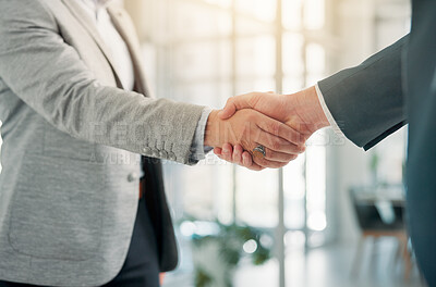 Buy stock photo Handshake, hands and agreement for deal, corporate and closeup of partnership in office or negotiation. Team, thank you and people with gesture for collaboration, meeting and opportunity for business