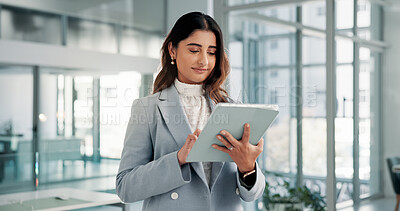 Buy stock photo Finance, business and woman in workplace, tablet and accounting with economy analysis. Online reading, happy person or employee in office, tech or internet with digital app to check profit growth