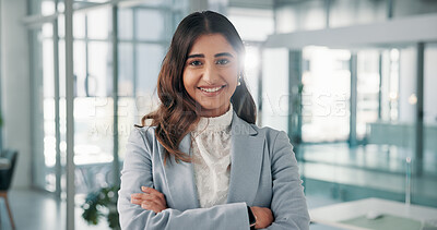 Buy stock photo Smile, business and woman with arms crossed for portrait of about us, corporate career and finance ambition. Accountant, confidence and accounting company, investment consultant and asset management