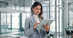 Typing, business and woman in office, tablet and connection with economy analyst, digital app and email. Internet, person and employee in workplace, technology and online schedule with accounting