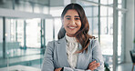 Happy, business and woman with arms crossed for portrait of about us, corporate career and finance ambition. Accountant, confidence and accounting company, investment consultant and asset management