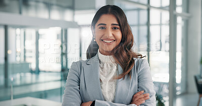Buy stock photo Happy, business and woman with arms crossed for portrait of about us, corporate career and finance ambition. Accountant, confidence and accounting company, investment consultant and asset management