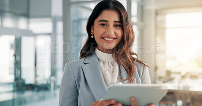 Buy stock photo Portrait, business and woman in workplace, tablet and smile with financial consultant, digital app or accounting. Economy, happy person or employee with tech, profit review or internet for tax report