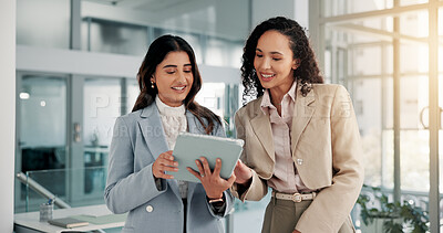 Buy stock photo Business, people and planning with tablet in office for revenue forecasting, investment feedback or advice. Financial analyst, teamwork and happy with digital report for finance insight or discussion