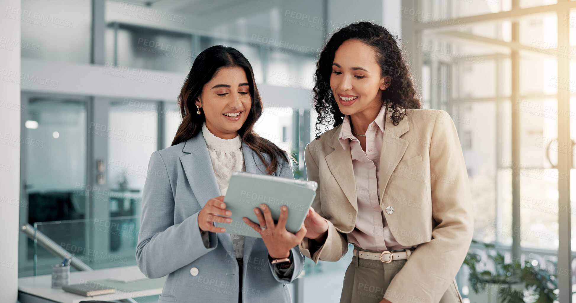 Buy stock photo Business, people and planning with tablet in office for revenue forecasting, investment feedback or advice. Financial analyst, teamwork and happy with digital report for finance insight or discussion