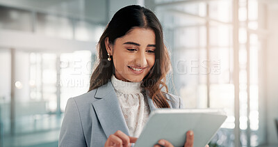 Buy stock photo Business, internet and woman in office, tablet and smile with financial consultant. Connection, happy person and employee in workplace, technology or email with accounting, typing and online reading