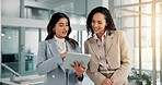 Business, people and discussion with tablet in office for budget forecasting, revenue feedback or review. Financial analyst, teamwork and happy with digital report for investment planning and insight