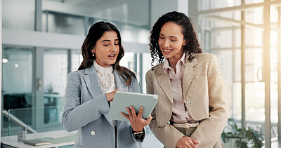 Business, people and discussion with tablet in office for budget forecasting, revenue feedback or review. Financial analyst, teamwork and happy with digital report for investment planning and insight