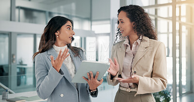 Buy stock photo Finance, people and discussion with tablet in office for investment feedback, budget planning and update. Financial analyst, team and meeting with digital sales report for growth projection or review