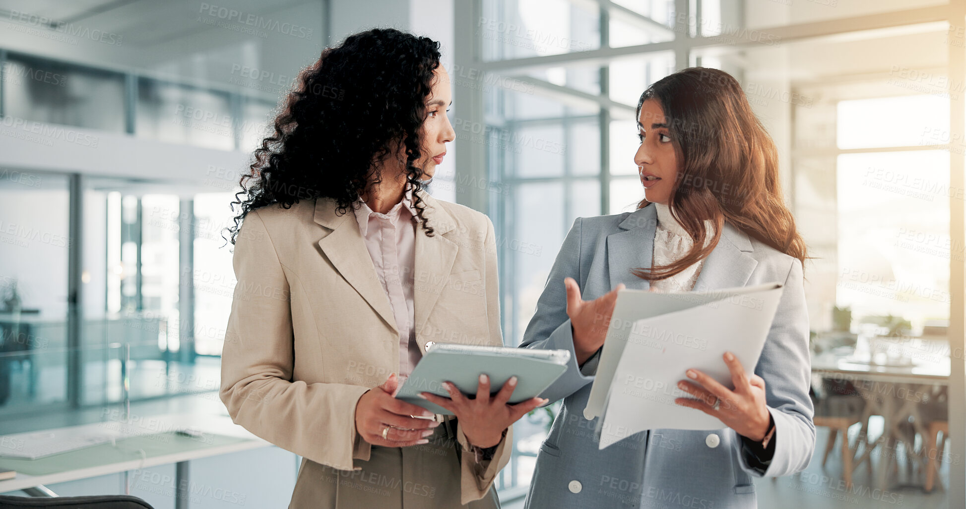 Buy stock photo Office, business people and tablet with report for discussion, finance paperwork and collaboration. Teamwork, women and financial advisor with solution for investment feedback, research and document