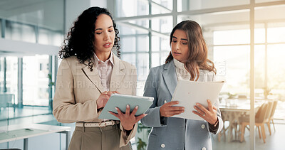 Buy stock photo Office, business people and paperwork with tablet for discussion, finance report and collaboration. Teamwork, women and financial advisor with digital for investment feedback, research and document